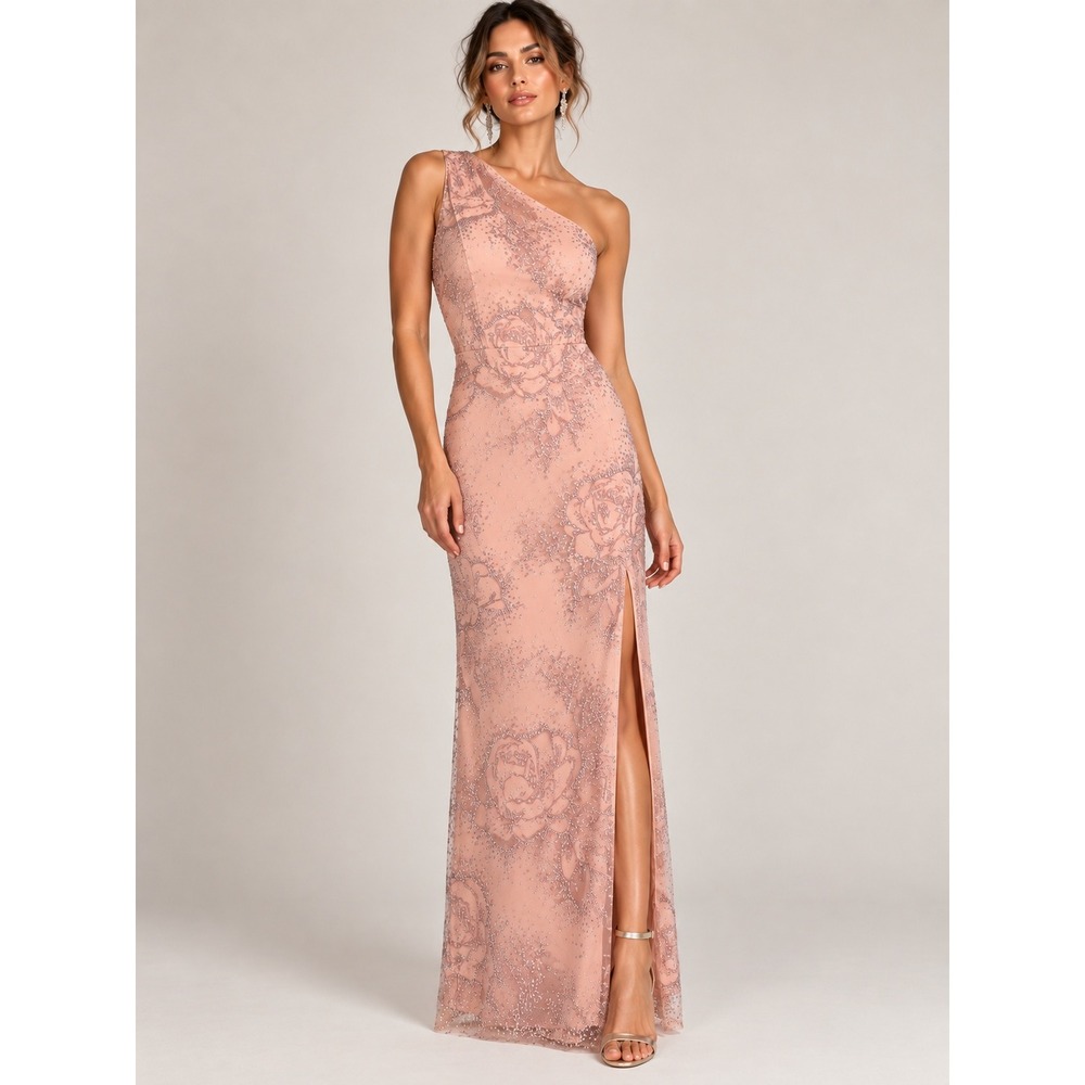 Marchesa Notte Blush Pink One Shoulder Glitter Floral Maxi Gown 10 Fairy Glam